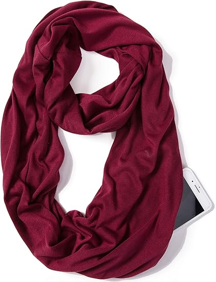 Burgundy Color Infinity Loop Scarf Hidden Zipper Pocket