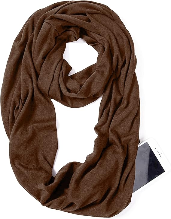 Brown Infinity Loop Scarf Hidden Zipper Pocket